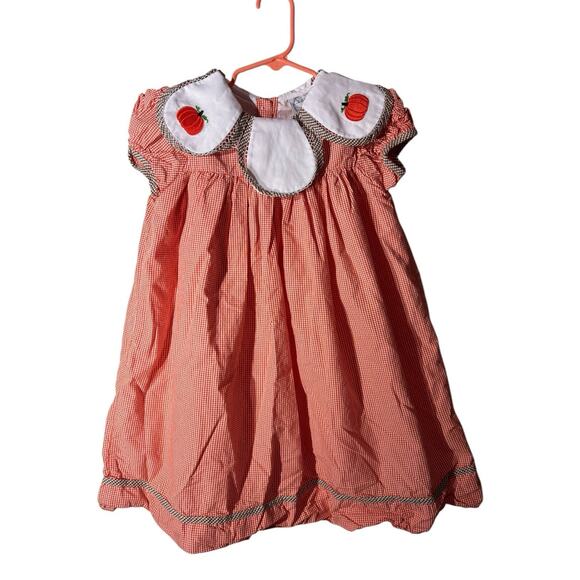 Smocked Gingham Pumpkin Fall Thanksgiving Girl Dress 6 The Bella Bean Heirloom - Picture 1 of 5